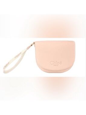 CHLOE Wristlet Makeup Cosmetics Pouch ~5x6” with Logo Strap Blush Pink Beige NIB